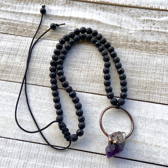 Genuine amethyst crystal stone bead lava necklace - Picture 4 of 16